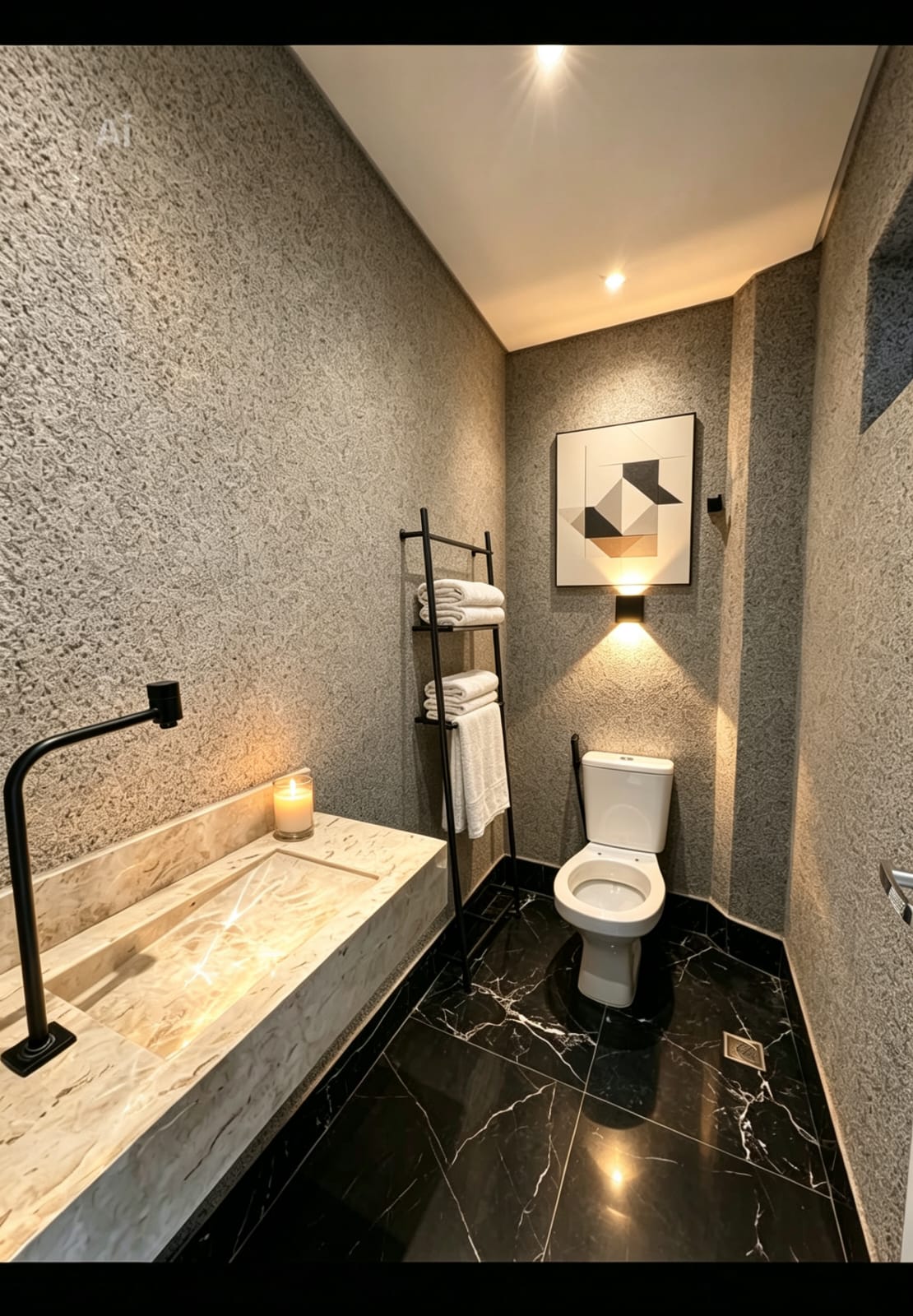 Lavabo com bancada esculpida em pedra, metais pretos e iluminação indireta